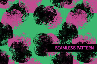 Seamless Pattern of an Inked Leaf and Grungy Stamps of Inked Leaves in Black, Pink, and Green